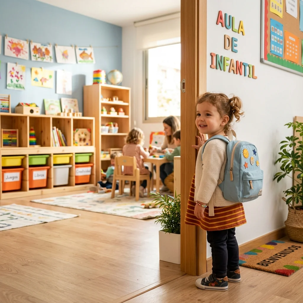 Beca de escuela infantil de la Comunidad de Madrid para el curso 2026-2027 con un niño con mochila en el aula