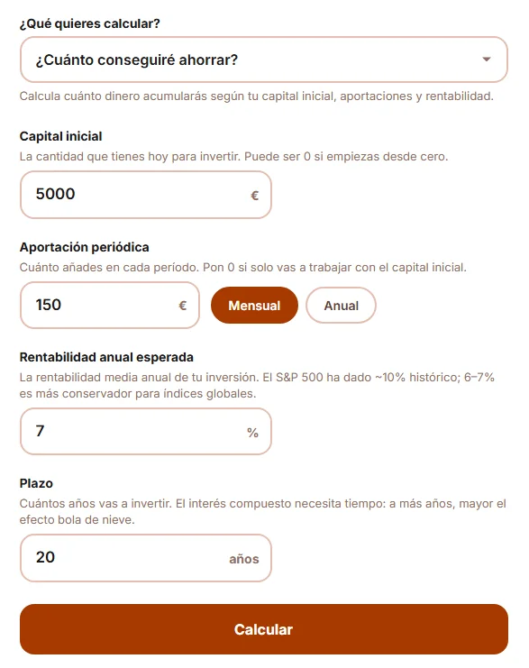 Cómo rellenar los datos en el Modo 1 de la calculadora de interés compuesto