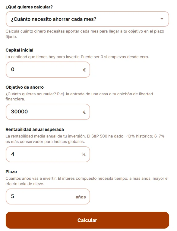 Cómo rellenar los datos en el Modo 3 de la calculadora de interés compuesto